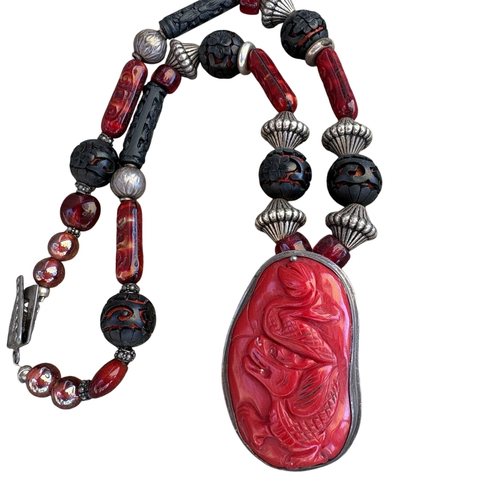 Vtg Chinese Red Coral Pendant Carved Dragon Stamped .925 Boho Necklace Chunky